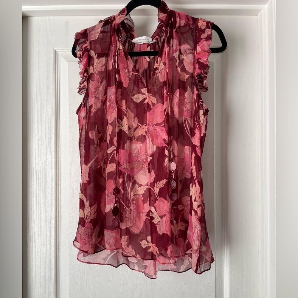 Zimmermann Burgundy and Pink Floral Silk Tie-Neck Blouse